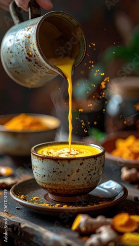 Golden turmeric milk pouring into a rustic handmade bowl, healthy ayurvedic spice drink with ginger and black pepper, steaming warmth