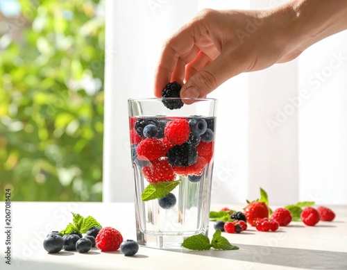 hand dropping blackberry into glass of fresh berry infused water with raspberries and mint leaves, healthy summer detox refreshment