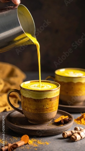 Golden turmeric milk being poured into a rustic ceramic mug, healthy Ayurvedic spiced latte drink, herbal infusion, warm cozy beverage