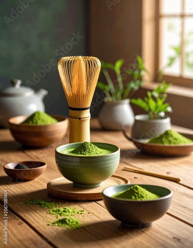 matcha green tea powder in ceramic bowls with traditional bamboo whisk on wooden table, ceremony preparation, healthy lifestyle, herbal organic infusion