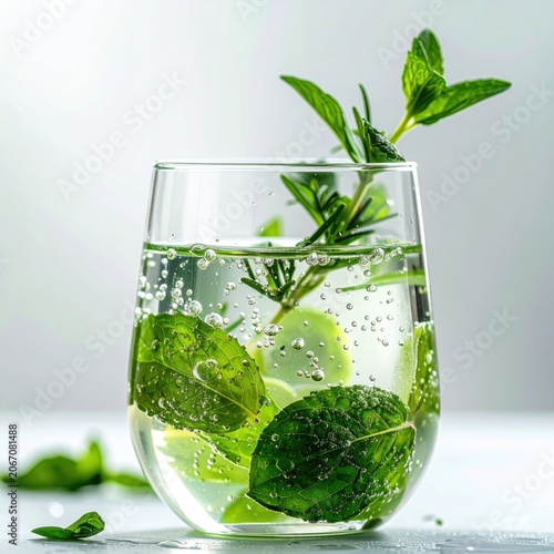 refreshing sparkling mojito cocktail with fresh mint leaves and lime slice, fizzy bubbles, summer drink menu photography