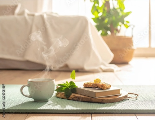 Steaming cup of herbal tea with a book and snack on a mat in cozy sunlit room, wellness, relaxation, morning routine