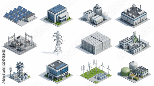 Isometric Industrial Buildings and Power Infrastructure Set.