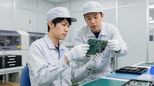 製造業の工場で電子基板の点検を行いOJTによる人材育成を受ける日本人男性技術者