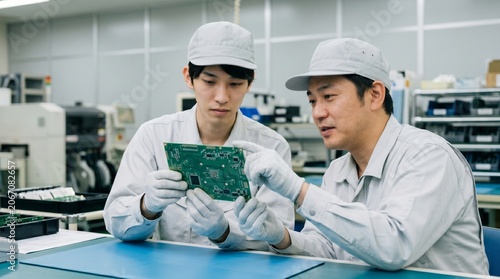 製造業の工場でプリント基板を指差し確認しOJTで人材育成を行う日本人男性作業員