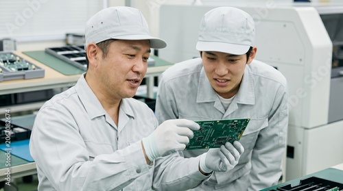 製造業の工場内で電子基板を手に持ち後輩へOJT指導による人材育成を行う日本人男性技術者