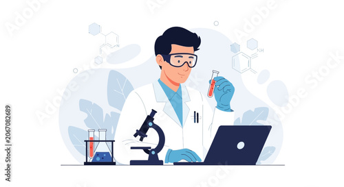Scientist in laboratory with microscope, test tubes, laptop, and molecular structures, representing research and development in science and medicine.