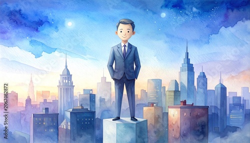 Illustration of businessman standing on pedestal in cityscape.