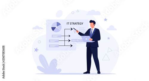 Businessman Presenting IT Strategy Plan with Charts and Flowchart - Modern Flat Illustration