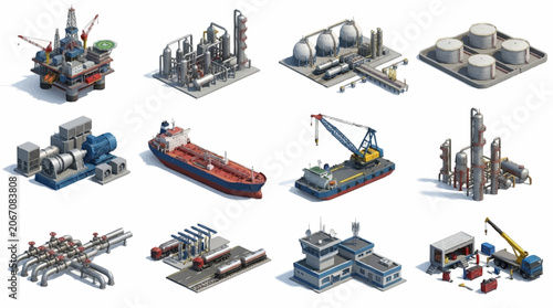 Industrial machinery and offshore oil rigs isometric illustration.