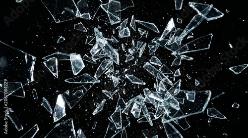 Tableau sur toile Sharp shards of broken glass exploding and flying outward against a pitch-black background
