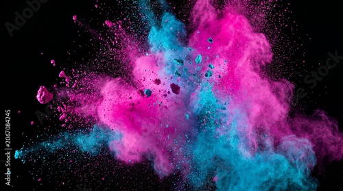 Photos A vibrant explosion of magenta pink and cyan blue holi powder colliding against a pitch-black background