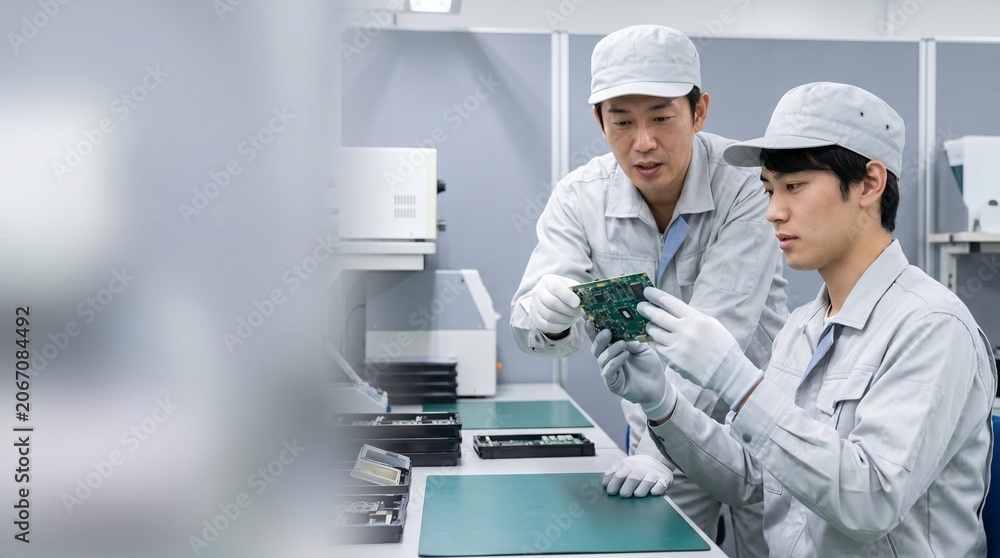 Naklejka premium 製造装置の前で電子基板の目視検査を行う技術者のOJT風景