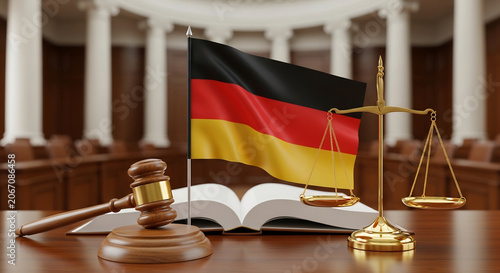 German Flag Gavel Scales of Justice and Law Book.