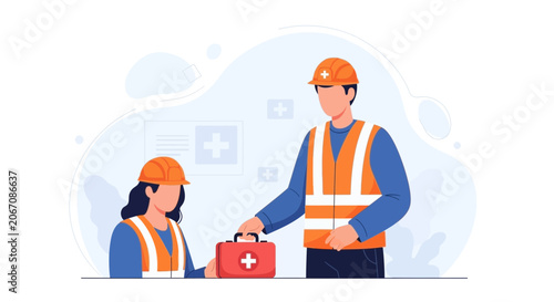 Construction Workers with First Aid Kit, Safety and Medical Assistance Concept Illustration