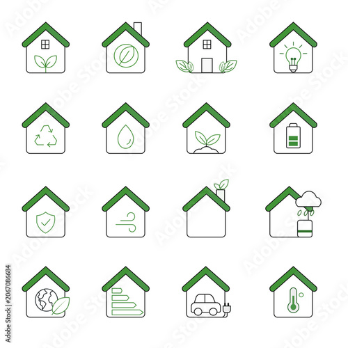 Eco Smart Home Line Icons Set – Sustainable Energy, Recycling and Green Living Vector Collection