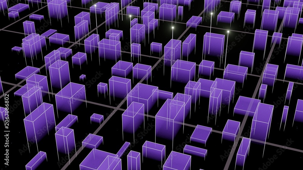 Obraz premium Sci-Fi Metropolis with Glowing Purple Holograms and Digital Architecture, Futuristic City Background