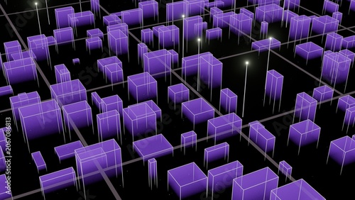 Holographic Smart City Visualization with Purple Digital Skyline, Future Technology Concept
