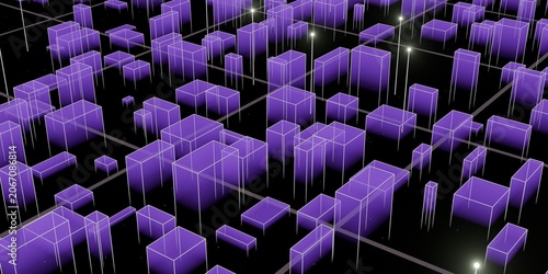Digital Futuristic Cityscape with Violet Holographic Data, Technology and Innovation Background
