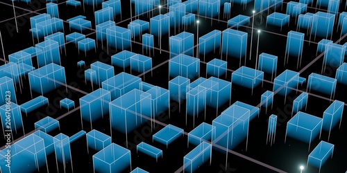 Digital Futuristic Cityscape with Holographic Data, Blue Technology and Innovation Background
