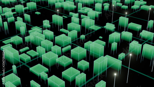 Holographic Smart City Visualization with Green Digital Skyline, Future Technology Concept

