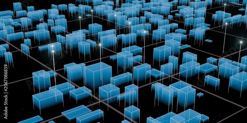 Futuristic Digital City with Holographic Interface, Blue Sci-Fi Technology Background
