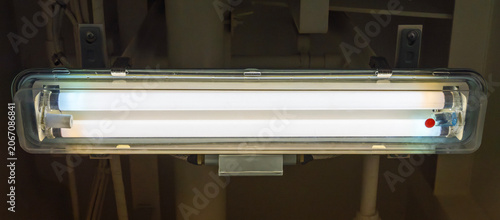 фотографія Industrial waterproof fluorescent lamp fixture with two glowing light tubes moun