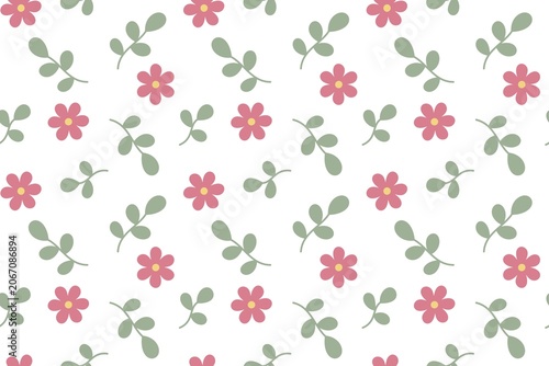 Seamless raster pattern in a minimalist flat design, featuring stylized pink flowers and small yellow centers, paired with simple green leafy sprigs. 