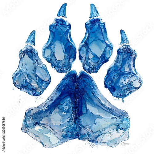 Dynamic Blue Watercolor Paw Print Artwork with Fluid and Translucent Effects