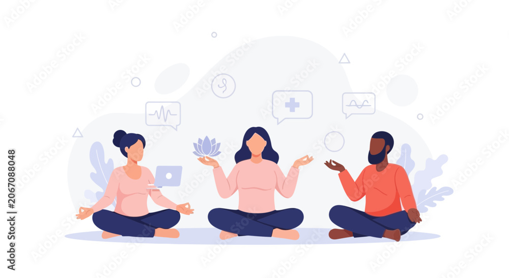 Fototapeta premium Diverse group meditating together, symbolizing mental wellness, mindfulness, and digital health connectivity.