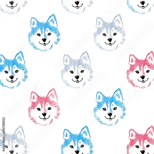 Colorful seamless pattern with happy husky dog faces in a hand-drawn sketch style, perfect for backgrounds and textiles