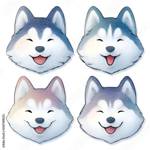 Adorable watercolor illustration of happy husky dog faces, each with a unique color variation, smiling with tongues out on a white background