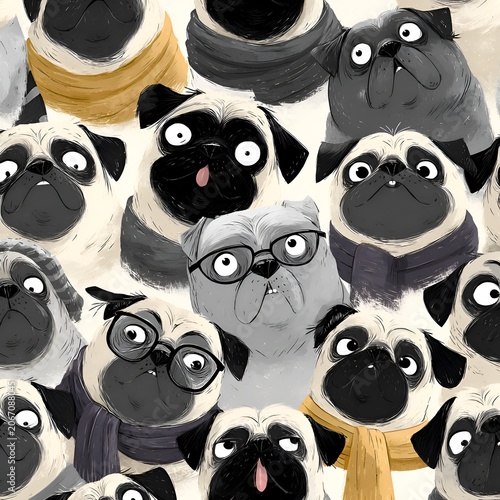 A charming pattern of whimsical pug dogs with expressive faces, some wearing scarves and glasses, showcasing their playful and cute personalities