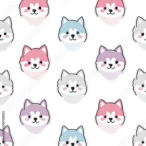 Cute cartoon husky dog faces seamless pattern in pink, blue, grey, and purple colors