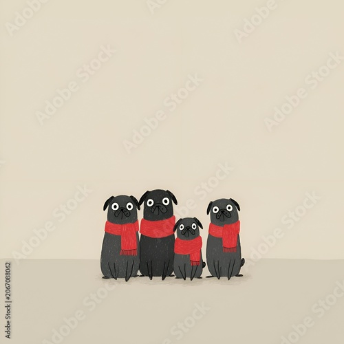 Illustration of a family of four black pugs wearing cozy red scarves on a plain beige background