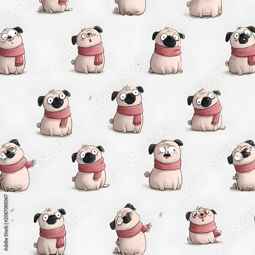 Adorable cartoon pug dogs with various expressions wearing pink scarves in a seamless pattern