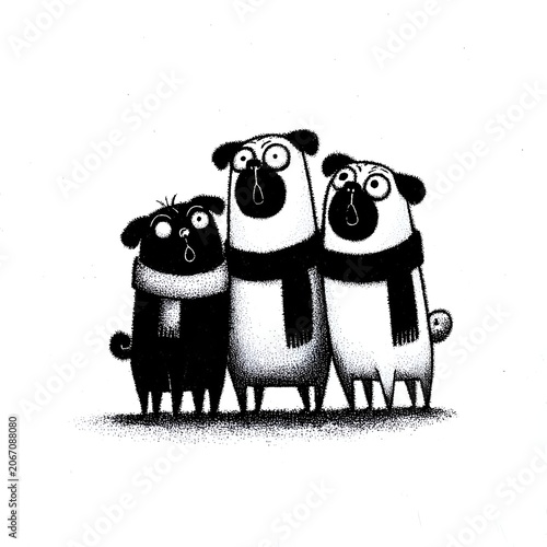 Three whimsical cartoon pugs in scarves with surprised expressions