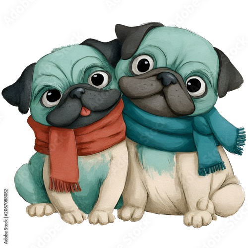 Two adorable light blue pugs wearing colorful scarves, a charming watercolor illustration of friendly and cozy dogs