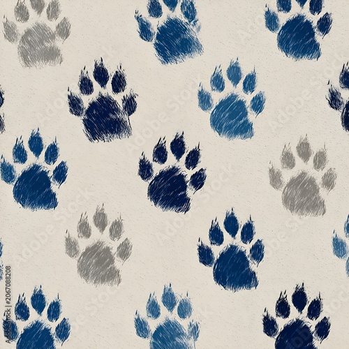Seamless Pattern of Blue and Grey Sketchy Animal Paw Prints