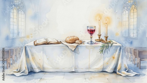 Table Set With Bread, Wine, and Candles for a Religious Gathering in a Church Setting