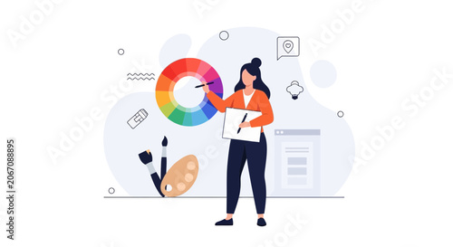 Graphic designer working with color wheel and digital tools, illustrating creativity and digital art.