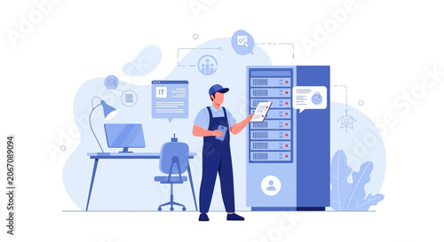 IT Technician working with server rack and computer desk, data center concept illustration