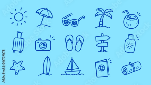 Slika na platnu Travel and summer vacation icon set in hand-made doodle style, vector file