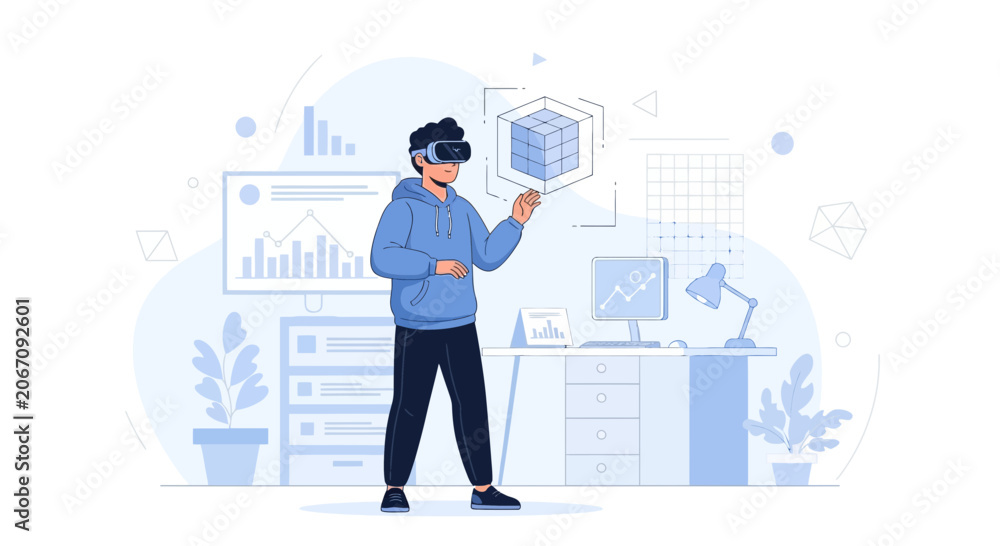 Obraz premium Man wearing VR headset interacting with digital cube in modern office with data visualization