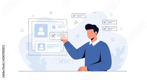Person choosing options from a digital interface, representing selection, decision making, or data management