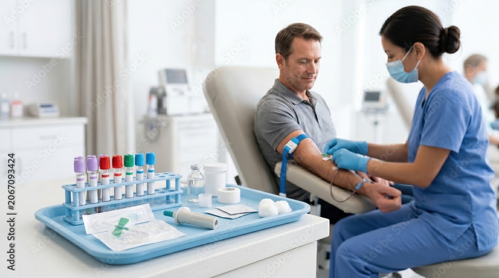 Naklejka premium A healthcare worker is taking a blood sample from a man sitting in a medical clinic. The setting shows equipment needed for the procedure and a clean environment