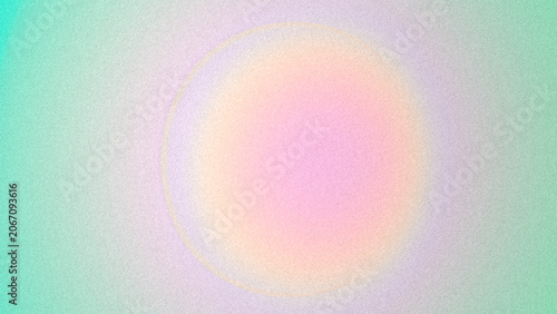 Abstract minimal iridescent background with blurred bubble shape, copy space. Holographic sphere. Pastel gradient in light green, soft yellow, pink, peach, pale purple. Grainy texture. 90s, Y2K design