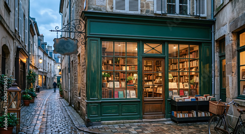 Inviting bookshop with illuminated windows and outdoor displays on a picturesque cobblestone lane. Concept of literature, travel, local culture, and historic urban charm.