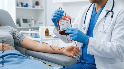 A person receives a blood transfusion in a hospital. Medical staff checks the blood type and connects the blood bag to the patient's arm. The setting is a treatment room with medical equipment