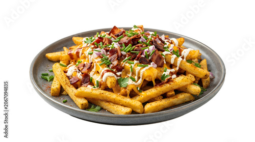 Isolated loaded french fries topped with melted cheddar cheese bacon crumbles sour cream chives and red onion on grey plate